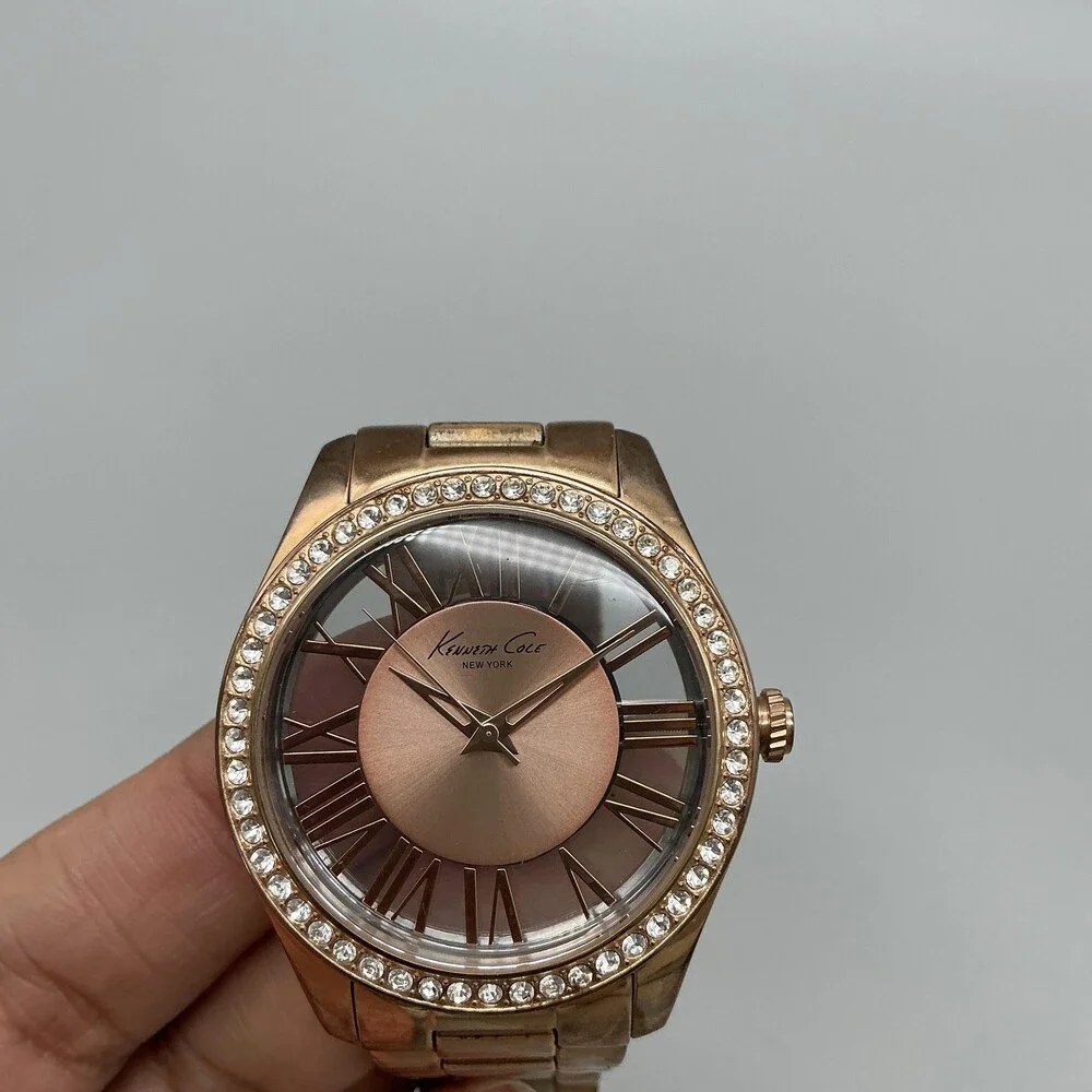 Kenneth Cole Womens Watch 40mm Rose Gold Dial Crystal Bezel New Battery 6.25